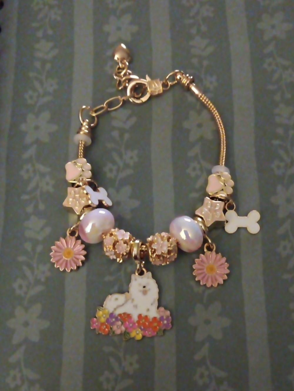 Gold-tone Pet Charm Bracelet with Pink Flower and White Dog Pendant